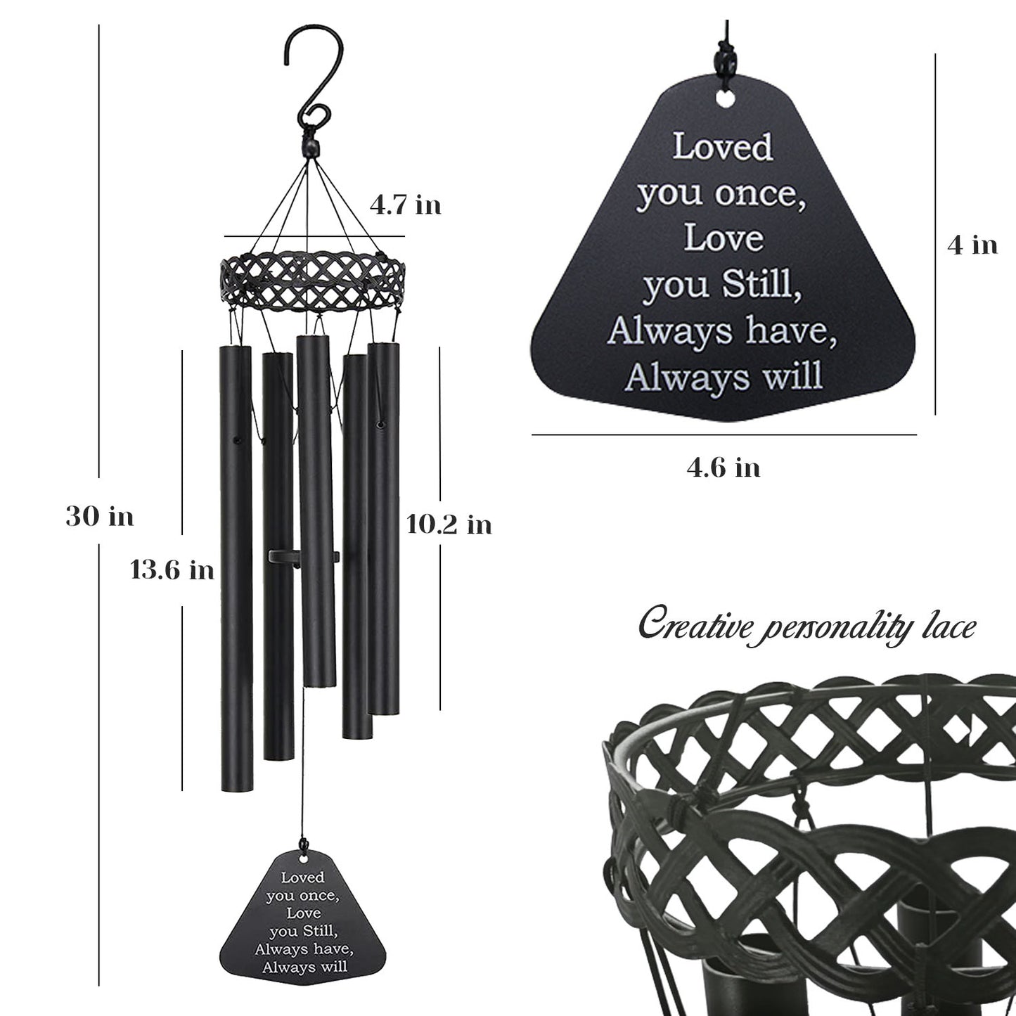 30-Inch Memorial Wind Chimes for Outdoors - Elegant Bereavement Gift with 5 Tuned Black Aluminum Tubes, Perfect for Home, Garden, Patio Décor