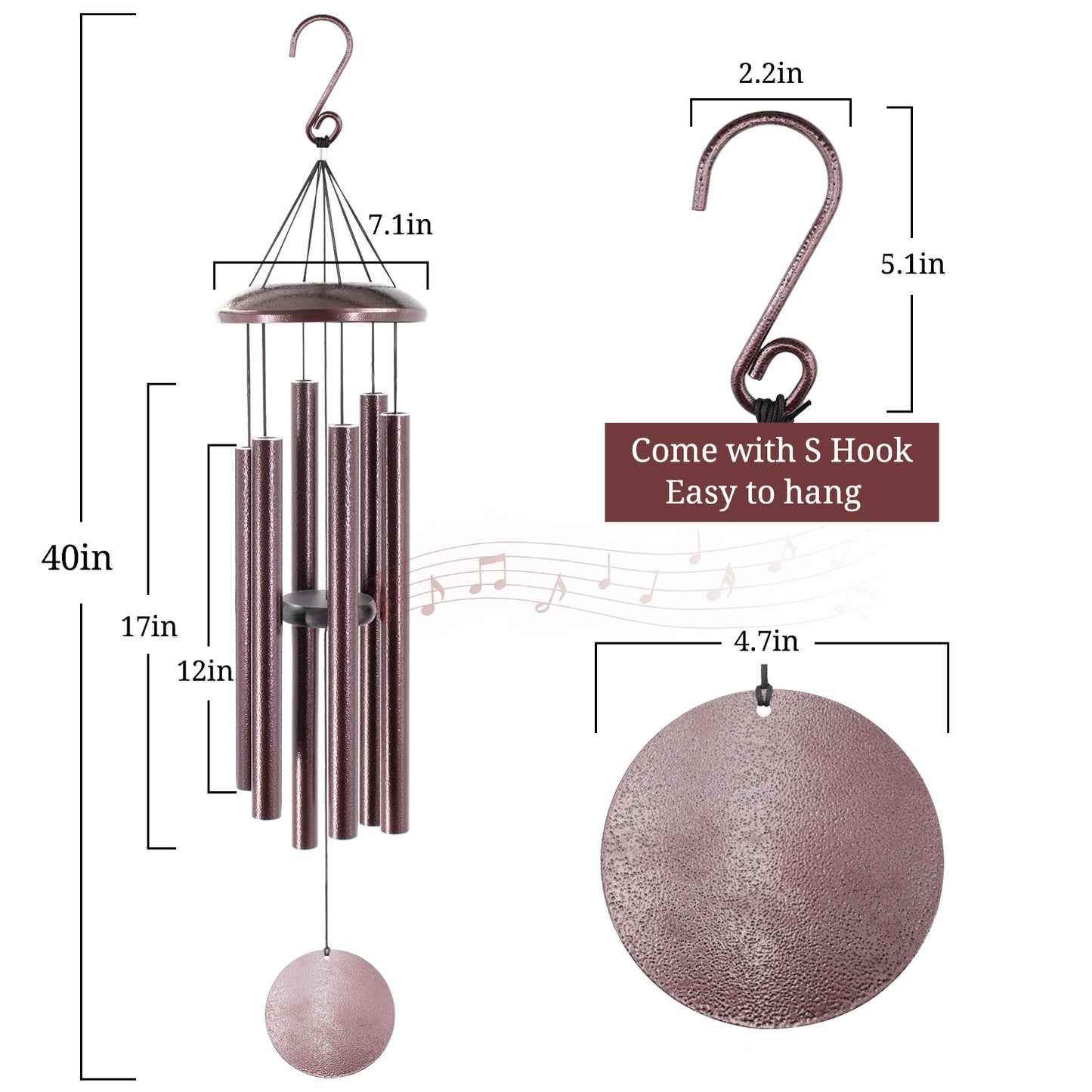 Wind Chimes Deep Tone- 40'' Wind Chimes for Outside, Tuned Windchimes Outdoors, Memorial Wind Chimes, Sympathy Gift, Garden Patio, Home Décor, Bronze