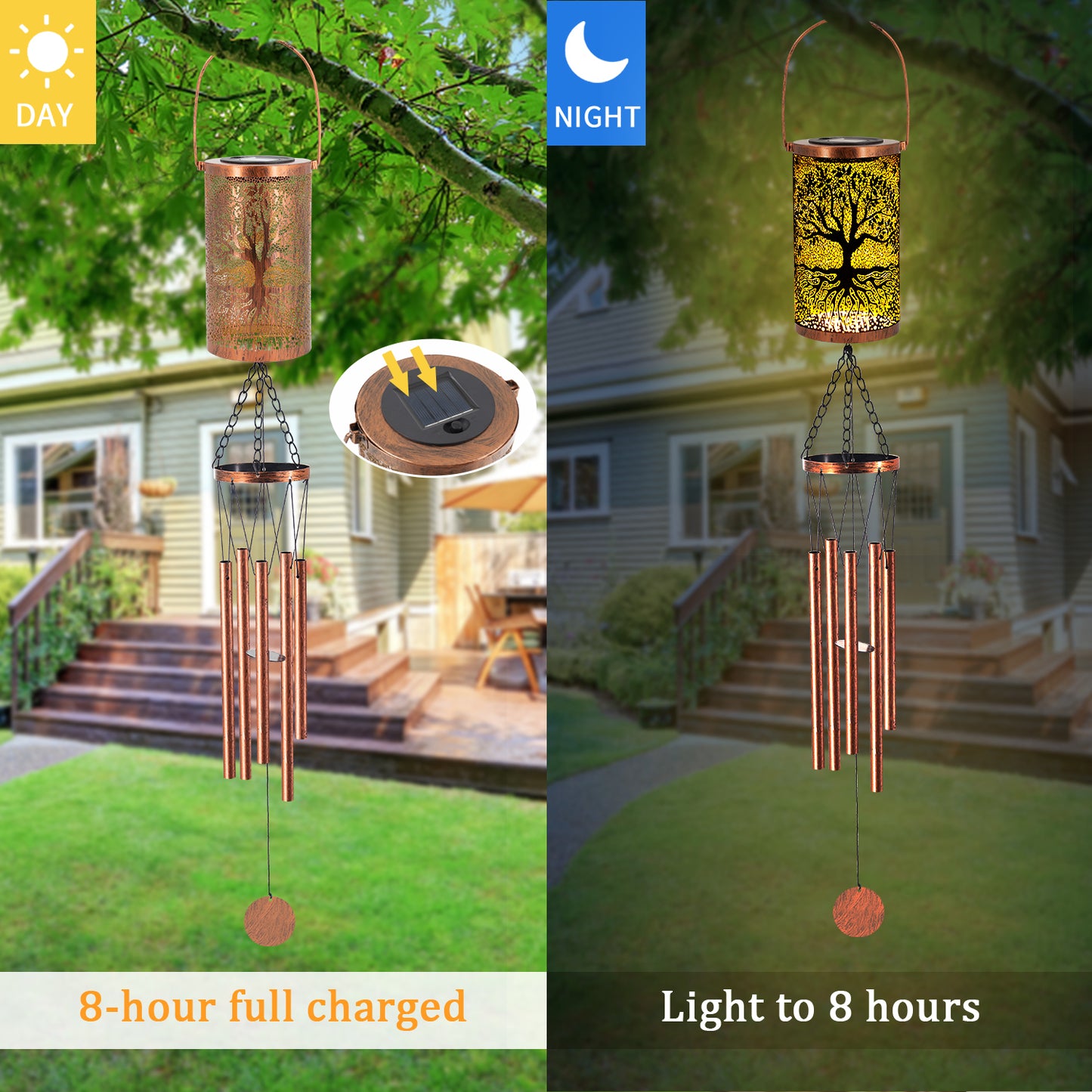 36" Solar Wind Chimes Hanging Lights Outdoor Detachable Led Lantern Metal Wind Chimes for Outside Unique Tree Life Garden Hanging Solar Decorative as Gift for Mom Women Grandma (Bronze)