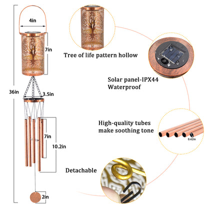 36" Solar Wind Chimes Hanging Lights Outdoor Detachable Led Lantern Metal Wind Chimes for Outside Unique Tree Life Garden Hanging Solar Decorative as Gift for Mom Women Grandma (Bronze)